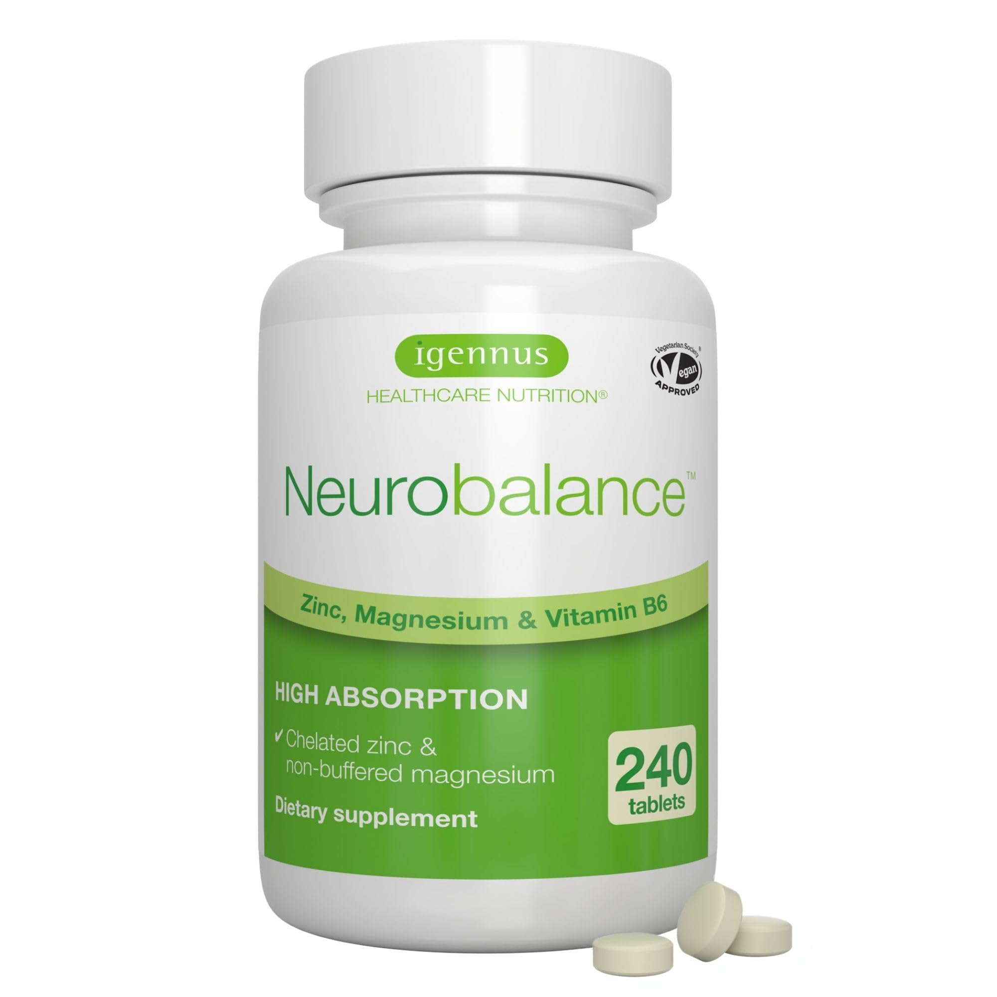 Neurobalance, High Absorption Zinc Magnesium B6 Supplement, Brain, Immune, Sleep & Muscle Recovery, Chelated Zinc Picolinate 24mg, Oxide-Free Magnesium & Vitamin B6, 240 Count, Vegan, by Igennus