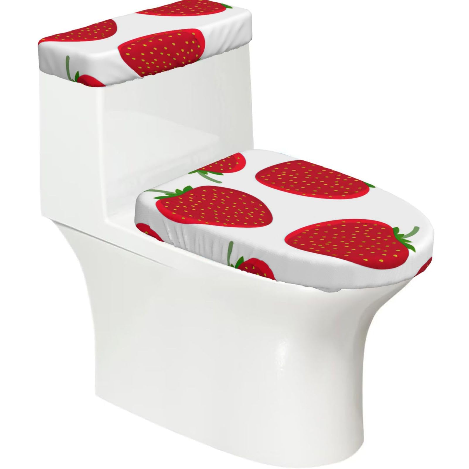 Strawberry Print 2-Piece Stretch Toilet Cover Set, Elastic Breathable Toilet Seat and Tank Lid Protector