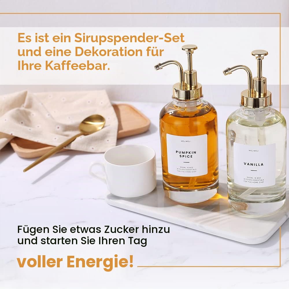MoliMoli Kaffeesirupspender für Kaffeebar, Kaffeepumpenspender, Glassirupflasche mit Pumpen und Etiketten, 16 oz 500 ml, 2 Stück, Gold