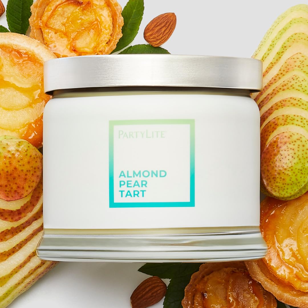 PartyLite 3-Wick Jar Candle, Highly Fragranced Clean Burning Glass Candle, 25-45 Hours Burn Time (Almond Pear Tart)