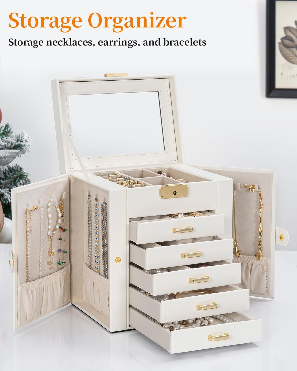 TORIBIO Large Jewelry Box for Women, Leather Jewelry Organizer with Mirror & Lock, 6-Tier Jewelry Storage Case for Girls/Women/Mothers, Necklace Earring Bracelets Holder Organizer - Image 3