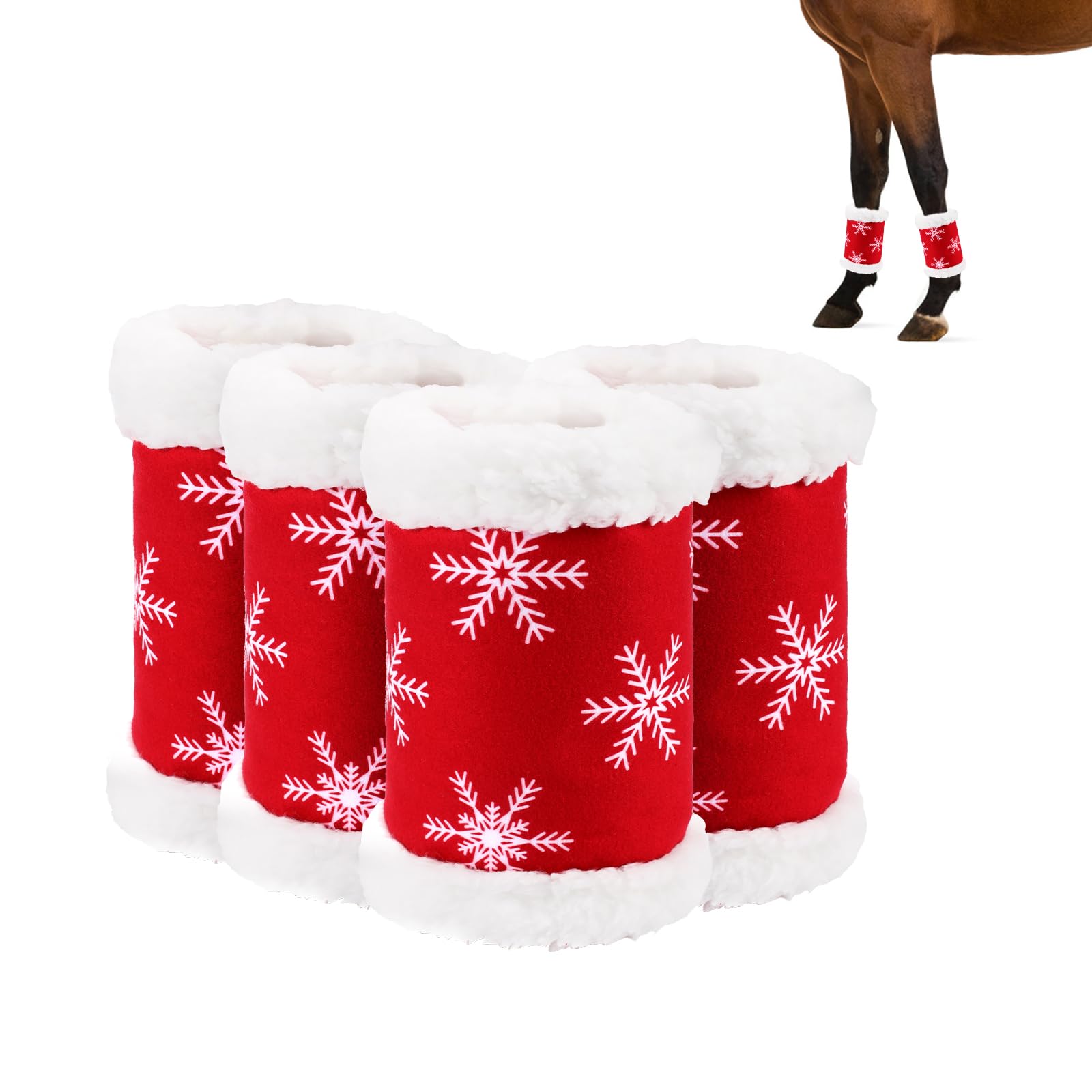 Christmas Red Horse Leg Protectors Faux Fur Polyester Standing Wraps, Pack of 4 (Snowflake)