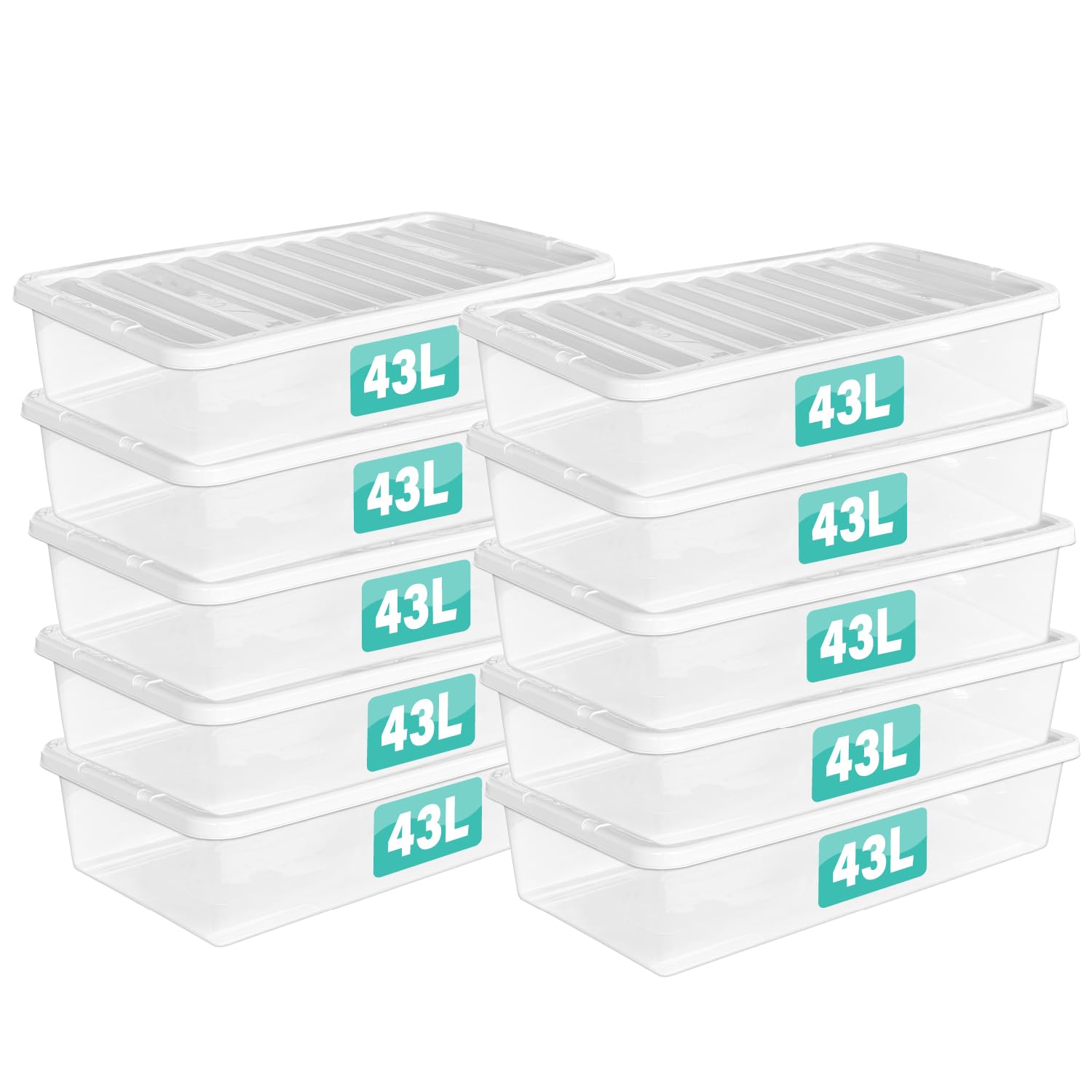 Optimal Products 10 x 43 L Underbed Clear Plastic Storage Box With Lids UK BRITISH MADE Home Office Stackable Transparent Plastic Boxes, Sizes 5,11,24,28,35,45,62 Litre