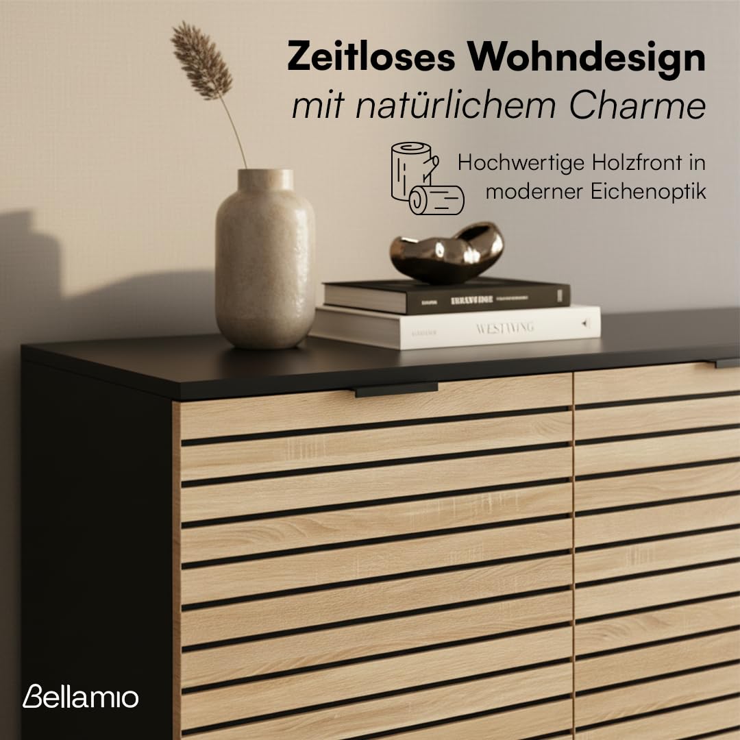 Bellamio Luvua Kommode mit 6 Fächern – Sideboard in schwarz mit Eichen-Front – Lowboard mit 3 Türen – Aufbewahrungskommode für Wohnzimmer, Schlafzimmer, Flur – Holz Schrank 80 x 40 x 135 cm (HxTxB)