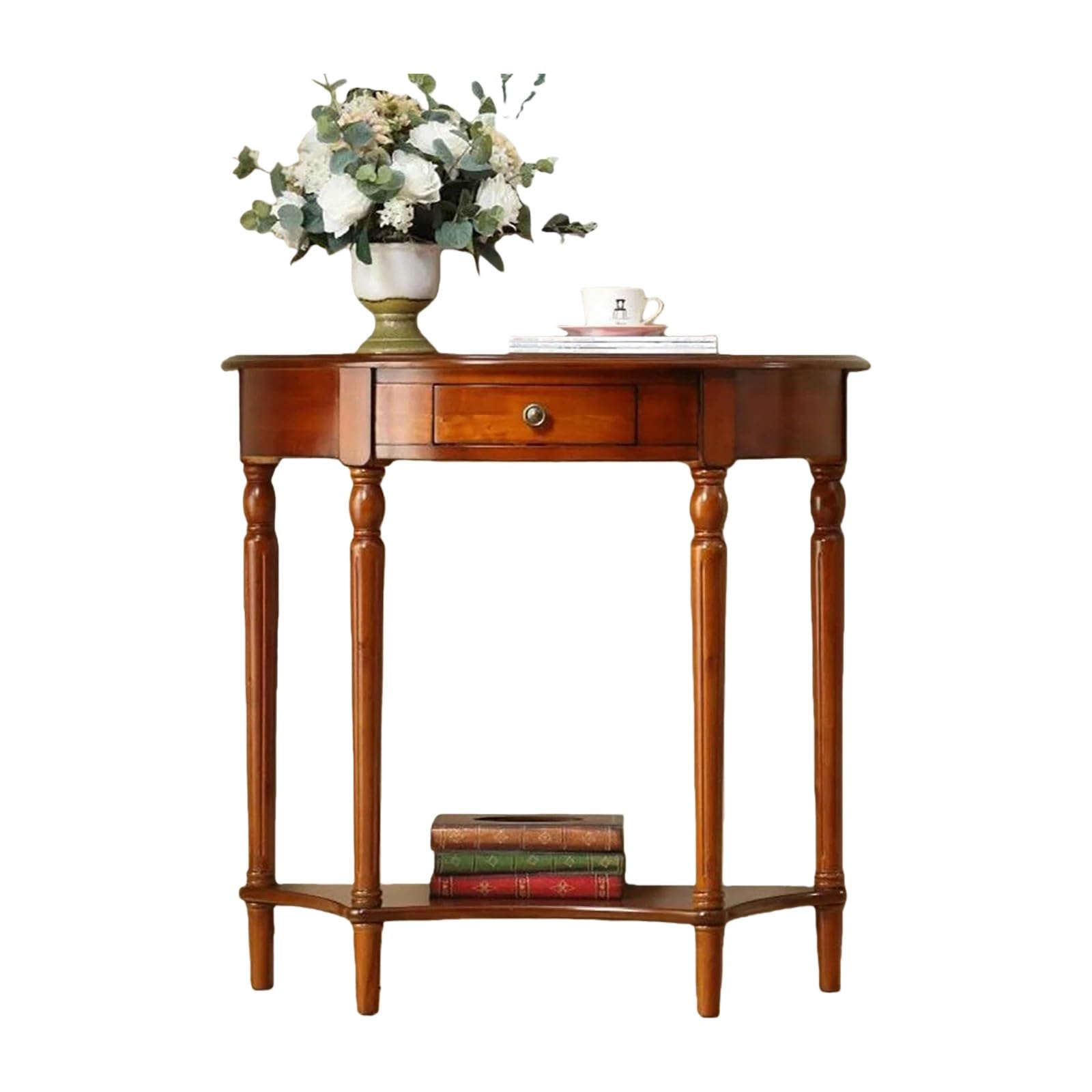 Consolle a mezzaluna con cassetto e mensola, in legno massiccio, stile vintage, per soggiorno, ingresso