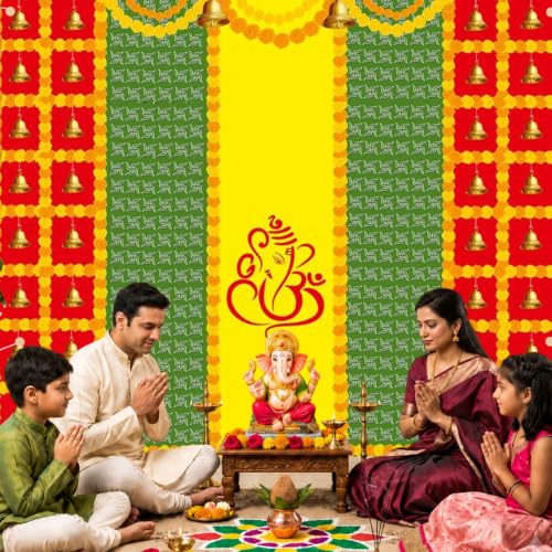 Image of Party Propz Ganpati Backdrop Decoration -1Pc (8ft*5ft) Ganpati Decoration Setup for Home, Varamahalakshmi Decorative Items, Pooja Backdrop Cloth, Haldi Backdrop, Annaprasana Backdrops, Haldi Decor
