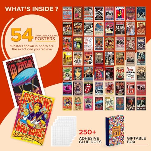 Image of Sudheer Global Rock Band Vintage Stickers for Bedroom, Music Poster, 4x6 inches, 54 Count, Frameless, Multicolor, Concert Light Show Photos Collage Kit