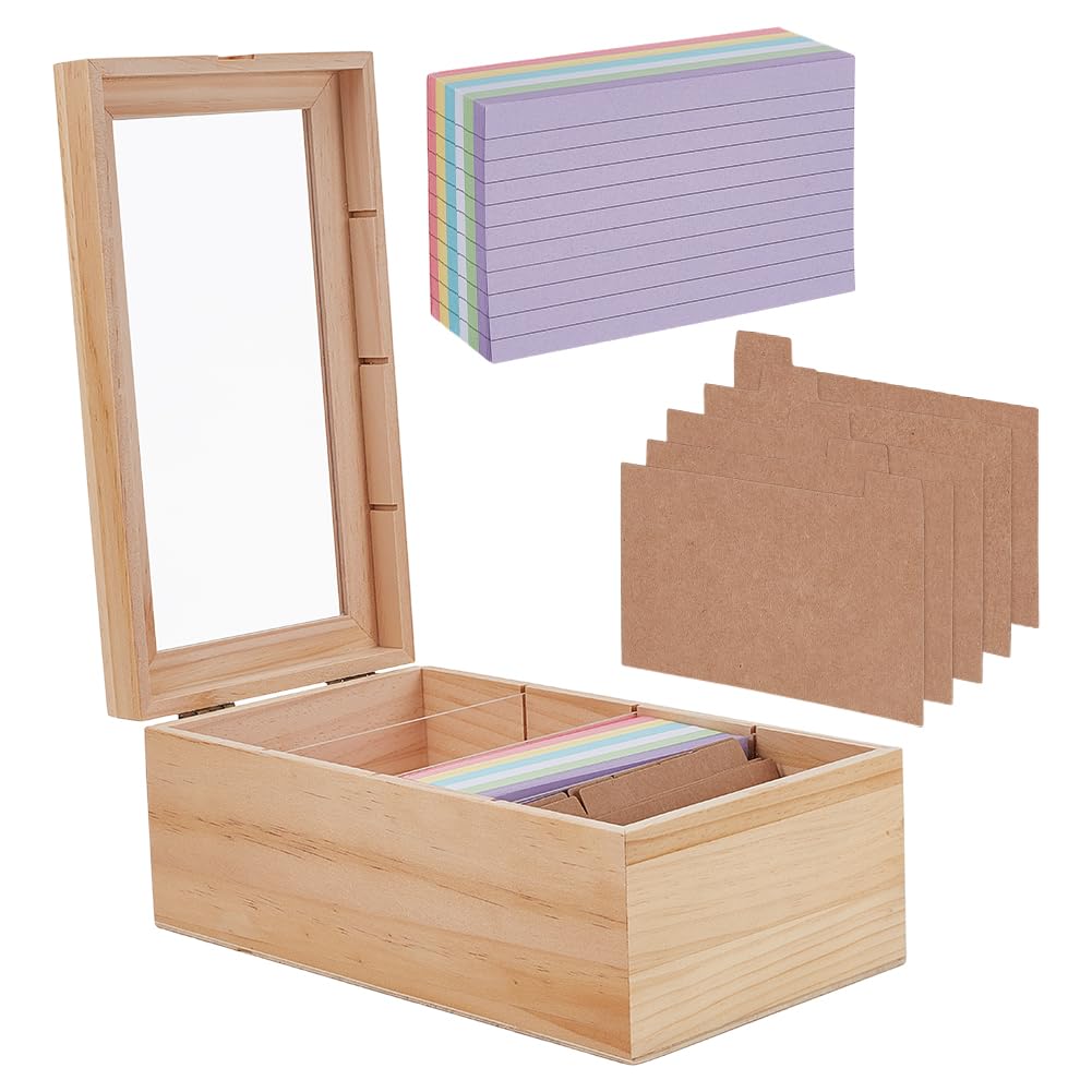 OLYCRAFT Index Card Organizer 7.3x12.8cm Wooden Card Holder Organizer Box Set 4 Grids Wood Storage Box with 10pcs Dividers 300pcs Sticky Notes for Home Office Desk Business Cards Storage