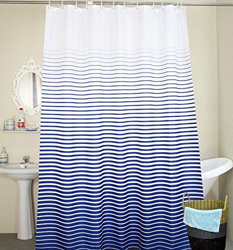Sunvp Home Cortina de Bañera Cortina de Baño Cortina de Ducha Impermeable y Resistente al Moho Cortina Delgada de Telas Opacas Cortina, Con 12 Anillos Anticorrosivo, 180*200 cm, Color Azul y Blanco