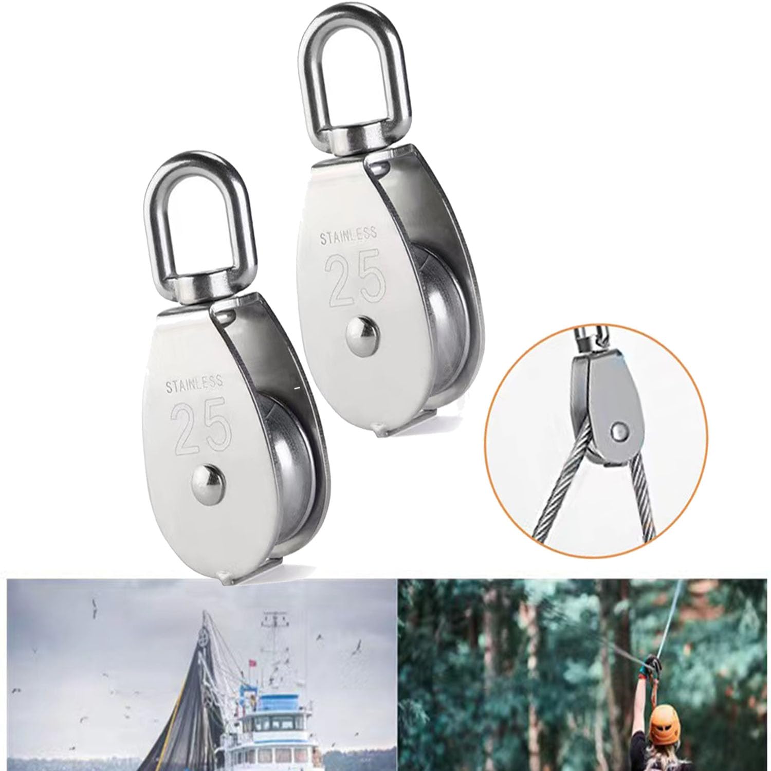 M25 - Polea simple con gancho giratorio para grúa de elevación de 330 LB/150 kg de capacidad de carga de acero inoxidable, rueda de remolque para cuerda, 6 unidades