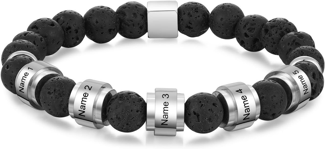 Personalized Tiger Eye Bead Bracelet Men: Custom 1-5 Name Beaded Bracelets for Men - Energy Stone Black Gallstone Obsidian Bracelet