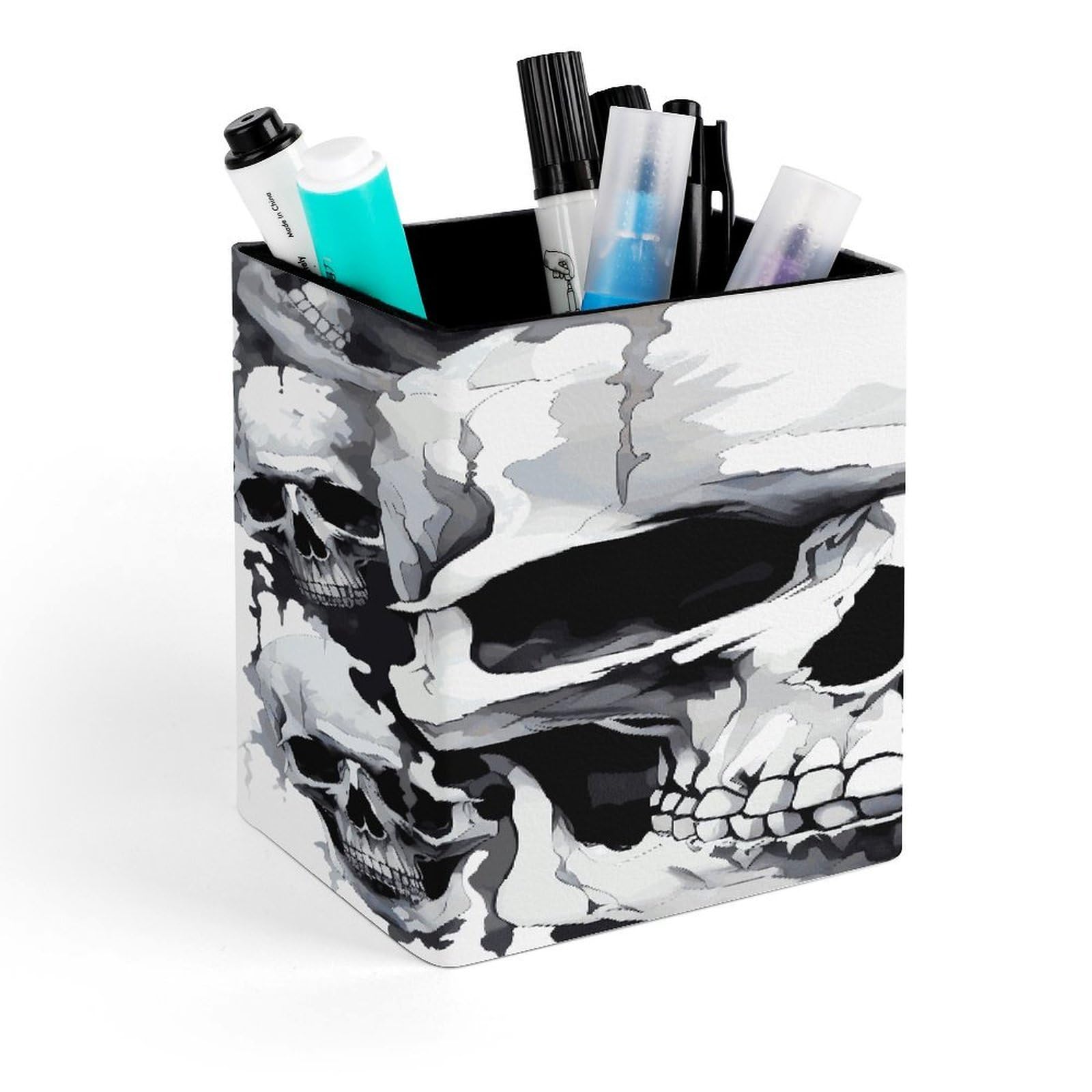 FekiLoot - White and Grey Skull Design Desk Pencil Holder Office Accessories Square Pen Container Box Desk Organizer Holder