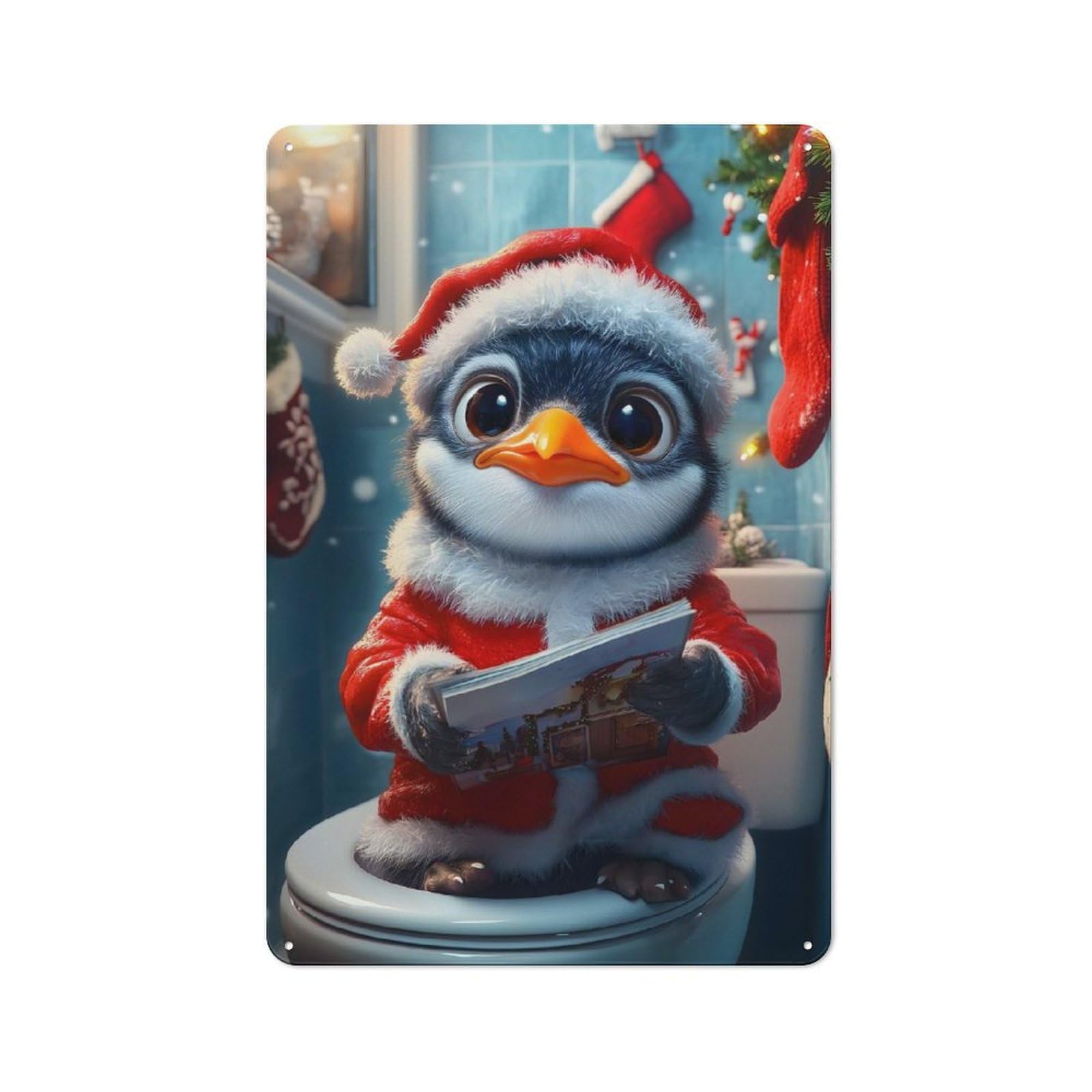 Junmoney Penguin In Santa Suit Rustic Metal Plaque 30X20cm For Guest Room Or Hallway, A Decorative Metal Sign For Guest Rooms And Hallways