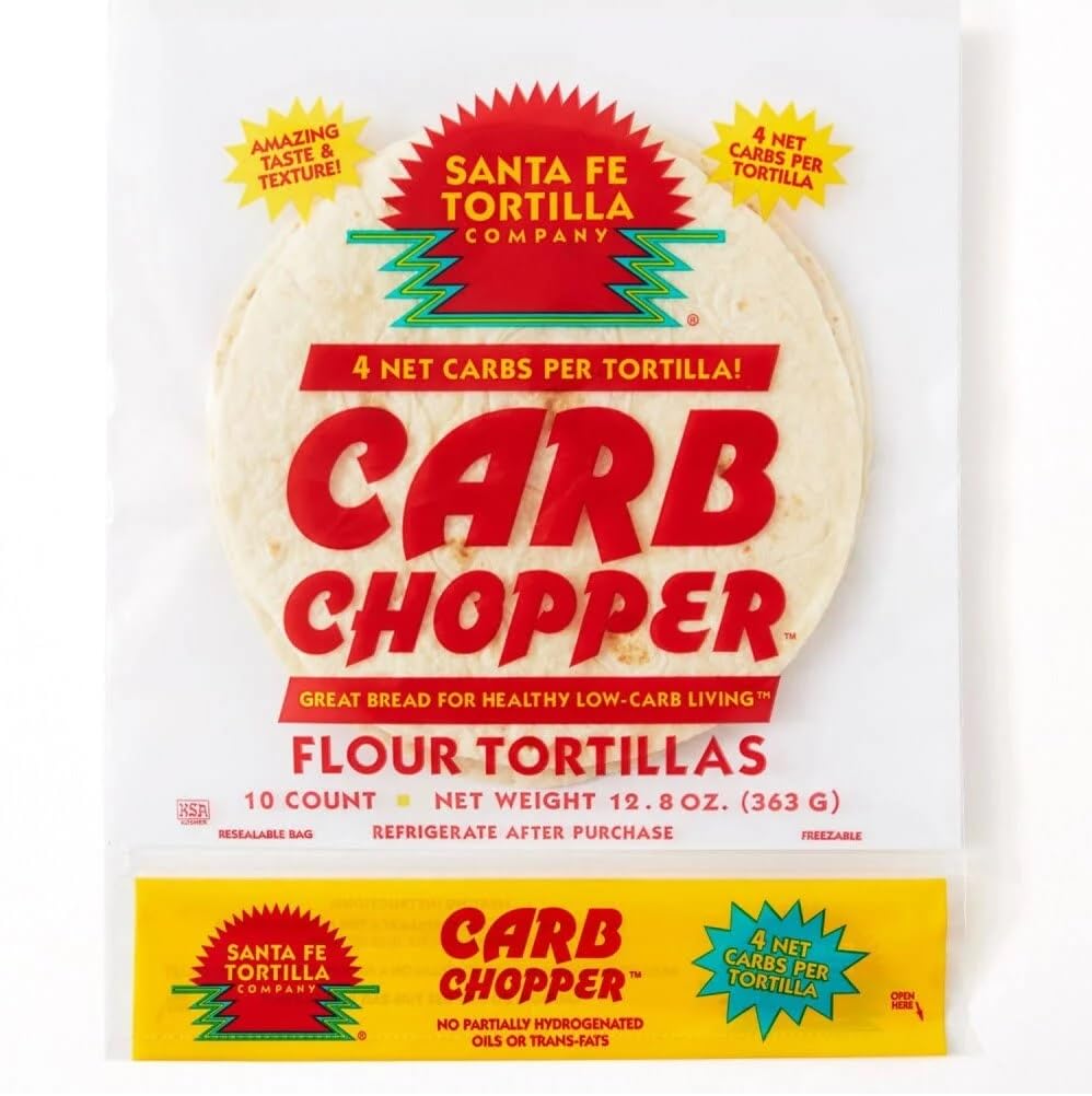 Santa Fe Tortilla Company Carb Chopper Low-Carb Flour Tortillas - 7 Inch (10ct, 12.8oz) | 4g Net Carbs | Cholesterol, Aluminum & Trans Fat Free | Soft, Authentic Taste for Wraps & Tacos | Kosher Certified, USA Made, Resealable Freshness