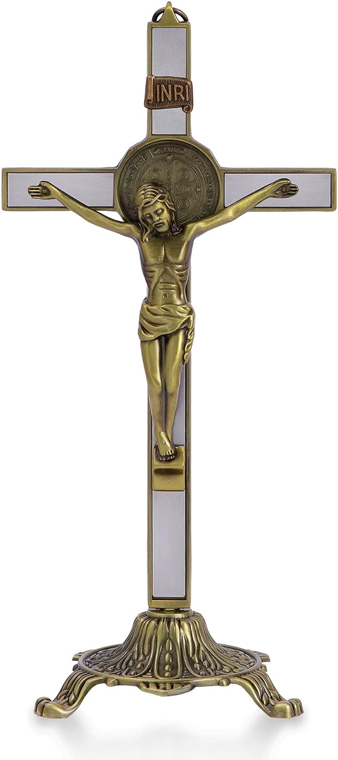 Standing Crucifix with Base,10.5 Inches Jesus Metal Cross with Lifting Ring for the Wall,Home Christmas Decoration,Religious Gifts,Antique Brass