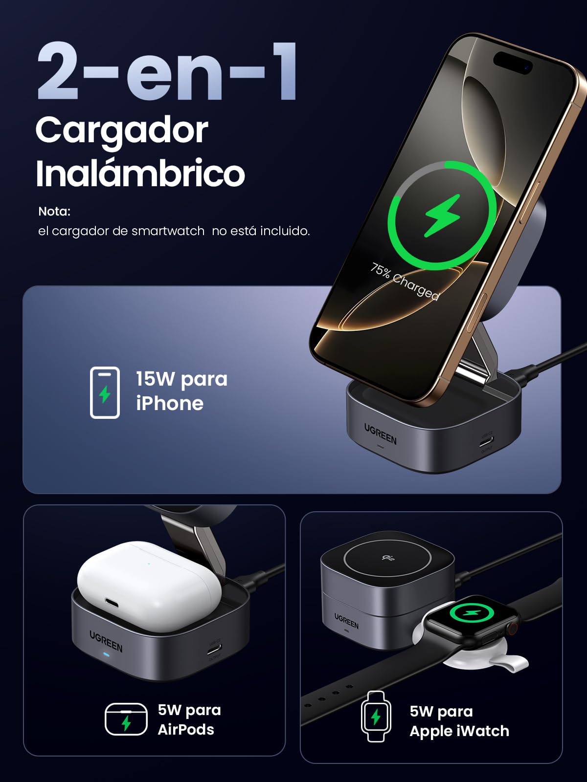 UGREEN MagFlow Qi2 15W 2 en 1 Cargador Inalámbrico MagSafe