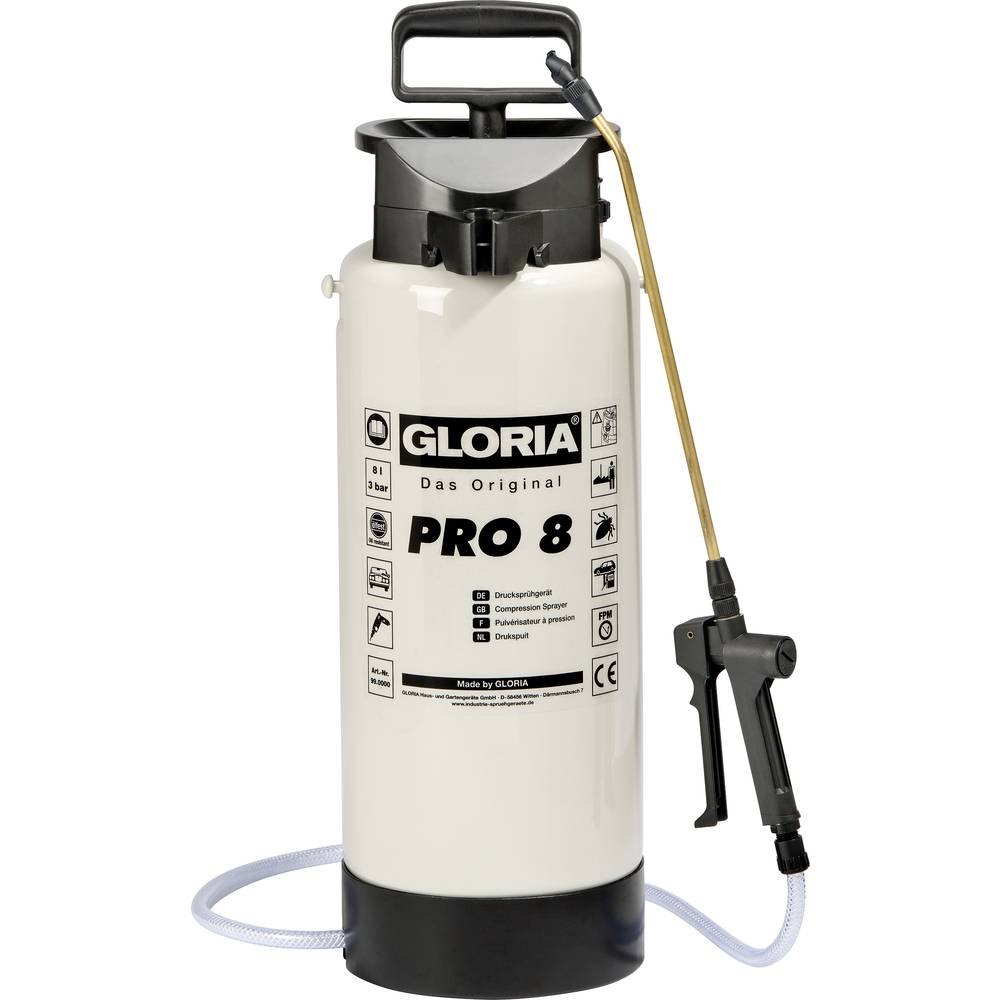 Gloria Pulvérisateur Spécial Pro 8 | 8L Joints FKM | Buse à Jet Plat | 3bar | Résistant aux huiles & acides | Vidage total au fond de la cuve | Pour produits chimiques du bâtiment, artisanat & industrie