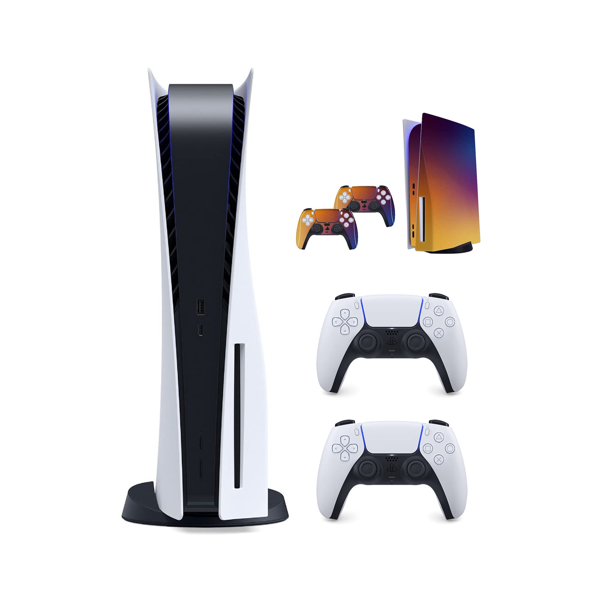 PS5_by_PlayStation 2021 Console AMD Ryzen Zen 8 Cores CPU 825 SSD Disc Drive Version with Wireless Controllers & Mytrix Gradient Orange Purple Full Body Skins for PS-5 Disc Console and Two Controllers
