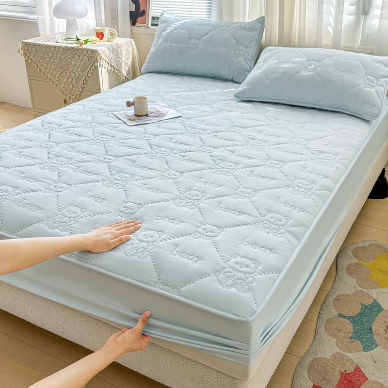 Sábana bajera acolchada de oso – Protector de colchón de algodón cepillado de color sólido con banda elástica, transpirable, agradable a la piel, antideslizante, para dormitorio, hotel (#8,48 x 74 cm