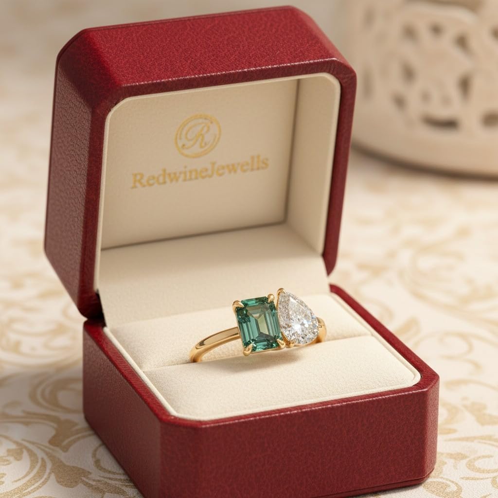 Emerald Cut Green Moissanite Pear Cut Moissanite 18K Gold Plated Engagement Ring 925 Silver Two Stone Ring, Christmas Gift for Woman, Wife By REDWINE JEWELLS