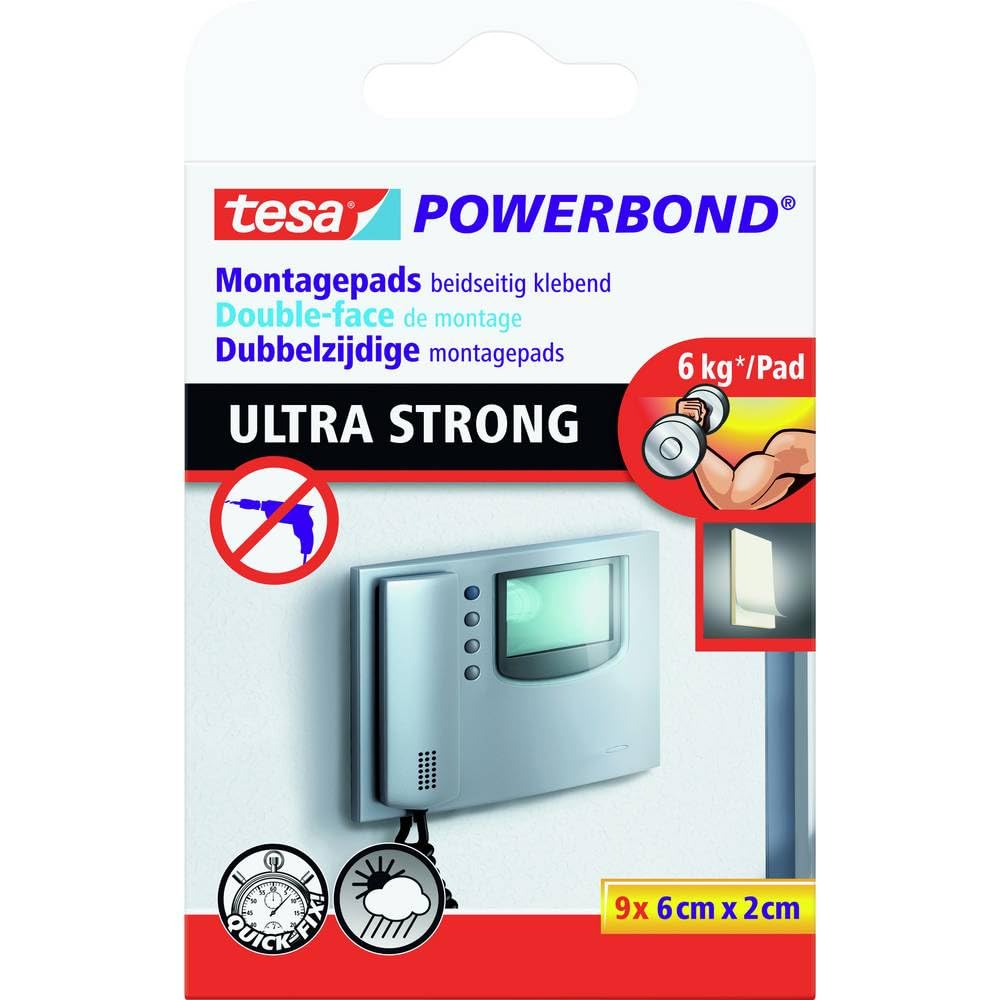 tesa Powerbond Ultra Strong Adhesive Pads - Double-Sided Pads for Indoor and Protected Outdoor Use - Ultra Strong Adhesive on Both Sides - Pack of 9 Pads
