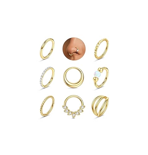 Thunaraz 8 Pcs Nose Rings Hoops - 316L Surgical Steel Septum Rings CZ Opal Silver Gold Hoop Nose Ring for Women 16G/18G Clicker Ring Cartilage Earring Conch Daith Lip Nostril Piercing Jewelry 8mm/10mm - Gold-16g-8mm