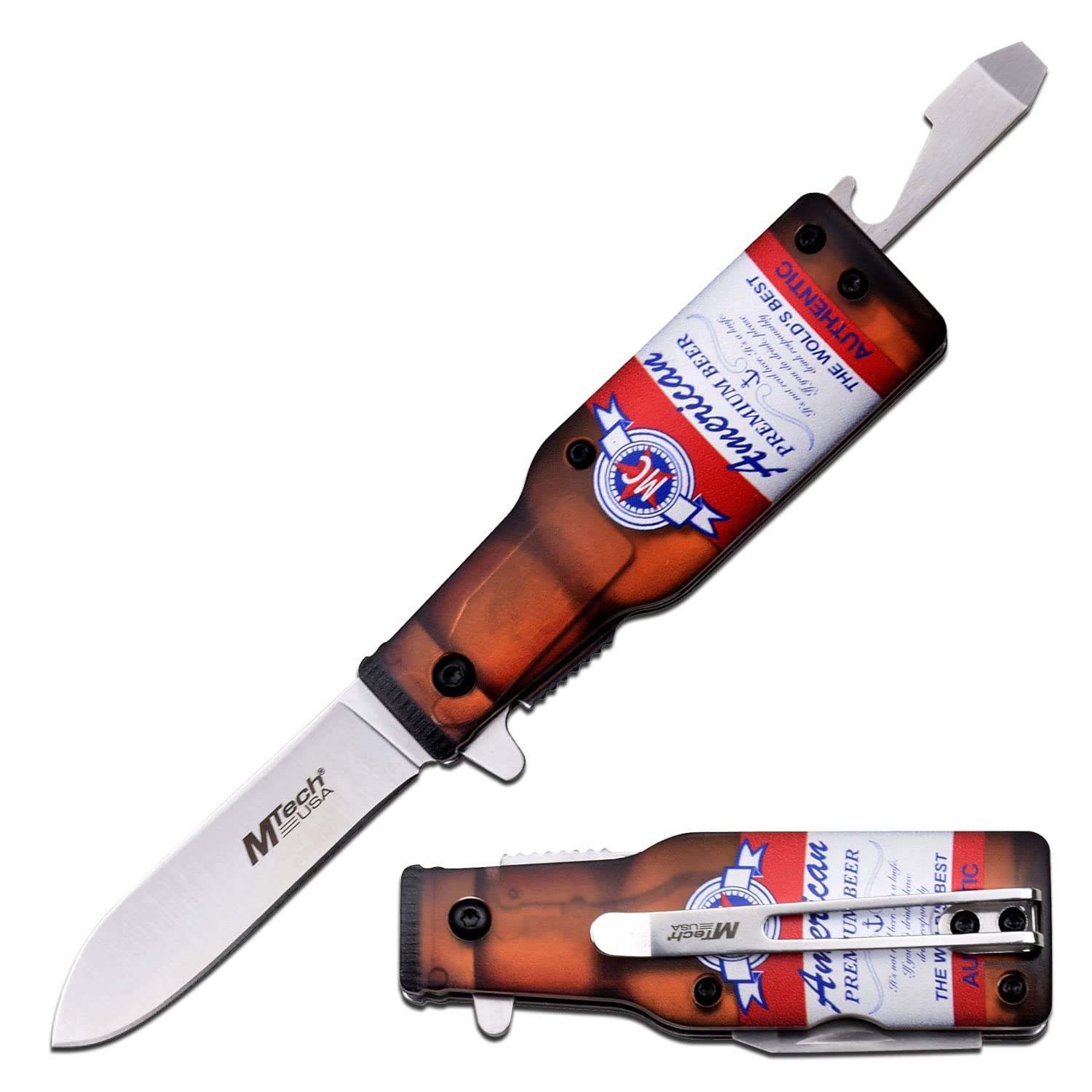 MTECH USA Folding Pocket Knife, 2.5" Blade, Beer Bottle Design, with Bottle Opener and Pocket Clip, EDC (Red)