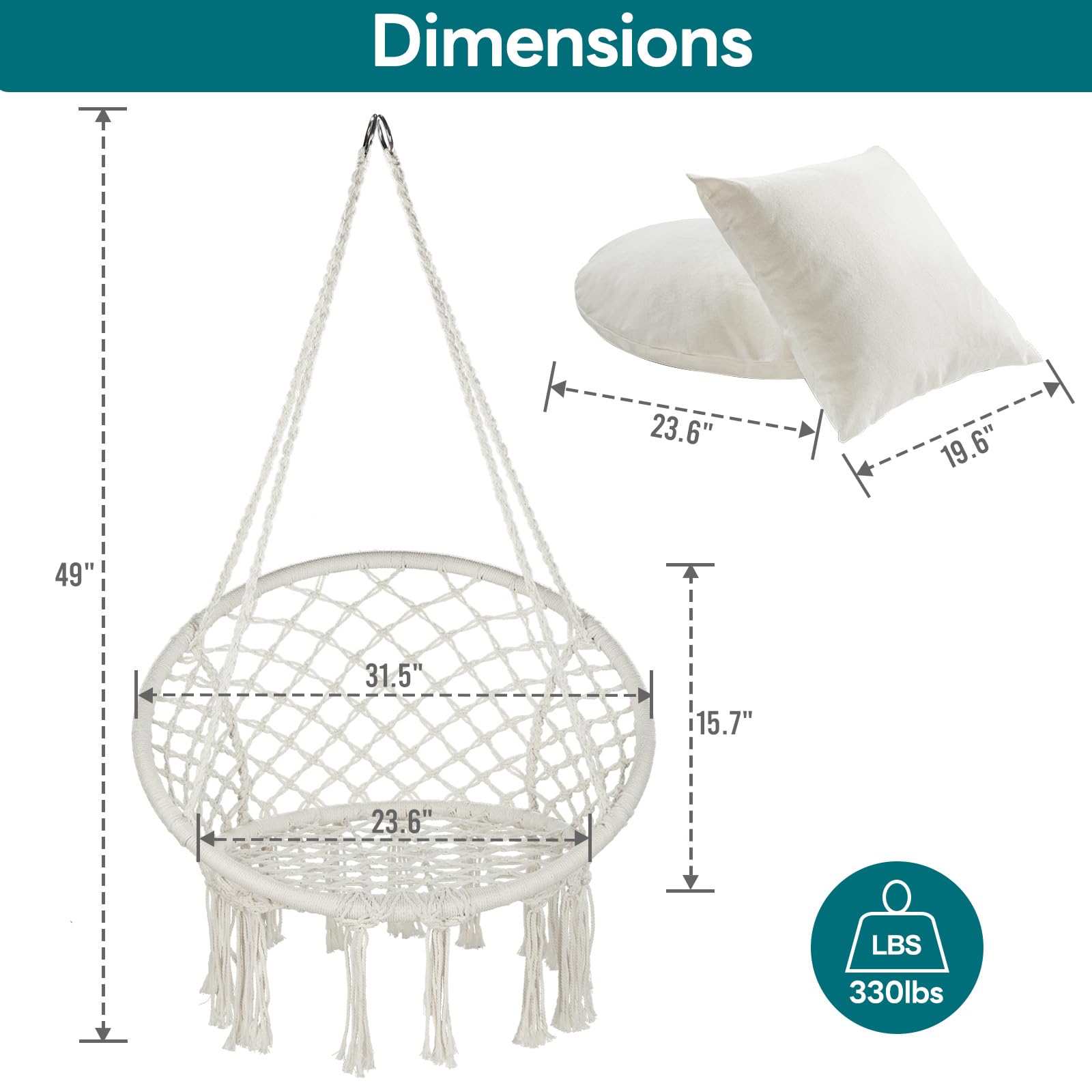 Silla colgante de macramé, silla colgante de máximo 330 libras, silla hamaca con 2 cojines y kits de herramientas, silla de cuerda de algodón para interiores y exteriores, dormitorio, patio, 6