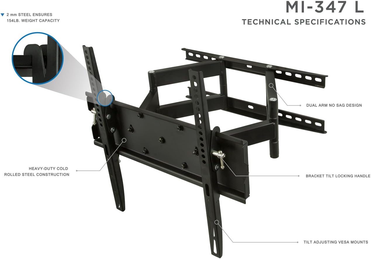 Mount-It! MI-347L Full Motion Black TV Wall Mount, Dual Arm Articulating Corner Bracket for 32-65 LCD/LED/4K Flat Panel Screens, VESA max 600x400 mm, 154 lb Load Cap