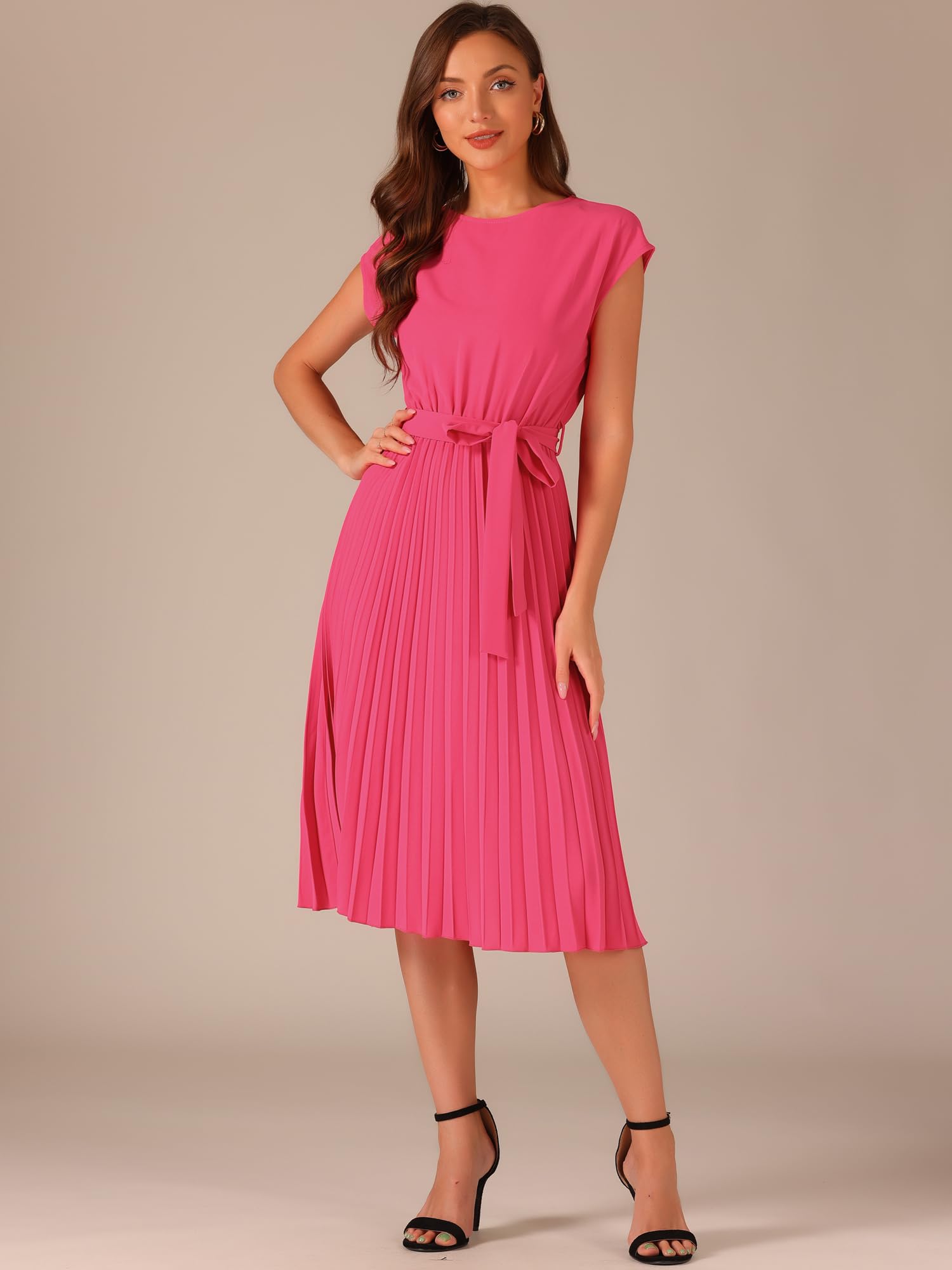 Allegra K Vestido Plisado Mujer Cuello Redondo Manga Casquillo, Elegante