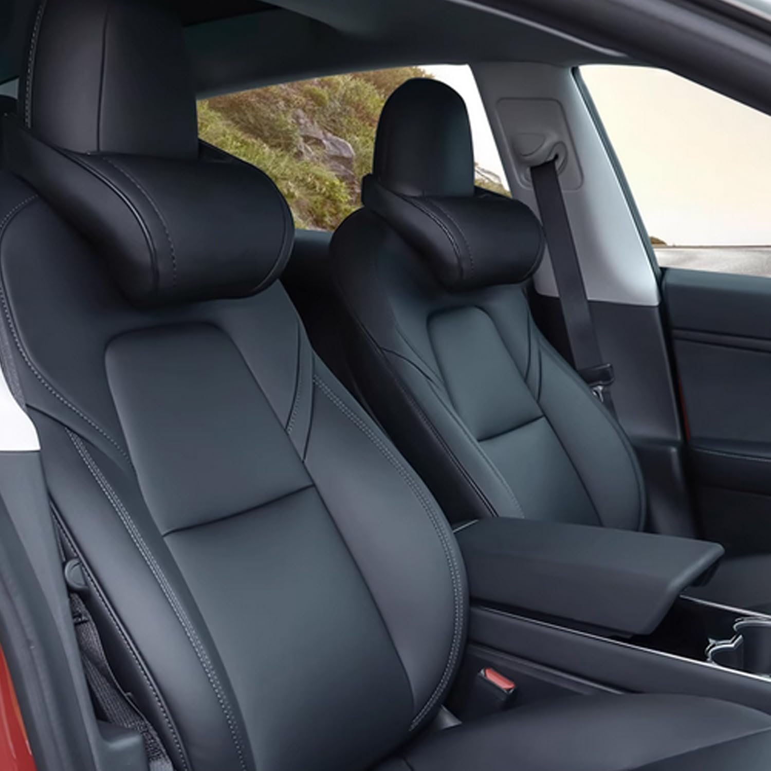 Arcoche Cuscino Poggiatesta per Tesla Model 3/Y/S/X, Cuscino per Collo Auto Tesla Memory Foam in Vera Pelle, Cuscino per Collo per Seggiolino Auto, Accessori Tesla Modello 3 Y S X (2PC Nero)