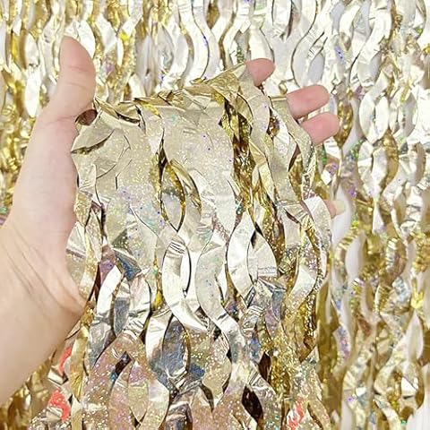 RASSLISA 3 Pack Wavy Champagne Gold Foil Fringe Curtains Backdrop 3.3 ft x 6.6 ft Tinsel Foil Fringe Backdrop for Photo Booth Backdrops Birthday Party Decor Cover