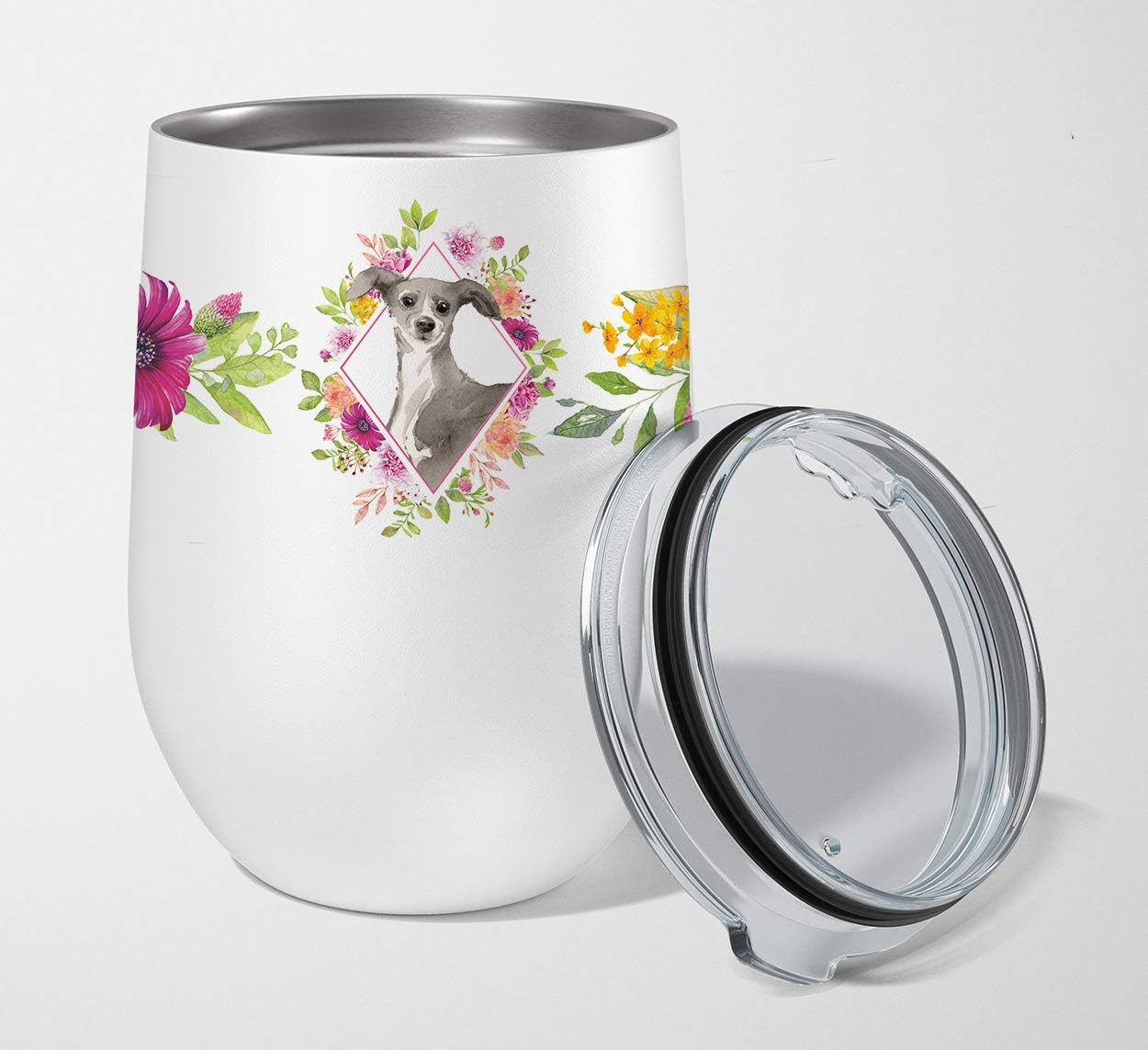Caroline's Treasures CK4230TBL12 Italian Greyhound Pink Flowers Stainless Steel 12 oz Stemless Wine Glass Insulated Wine Tumbler with Lid, Cute Travel Cup for Coffee, Cocktails, Gift Women, Mother
