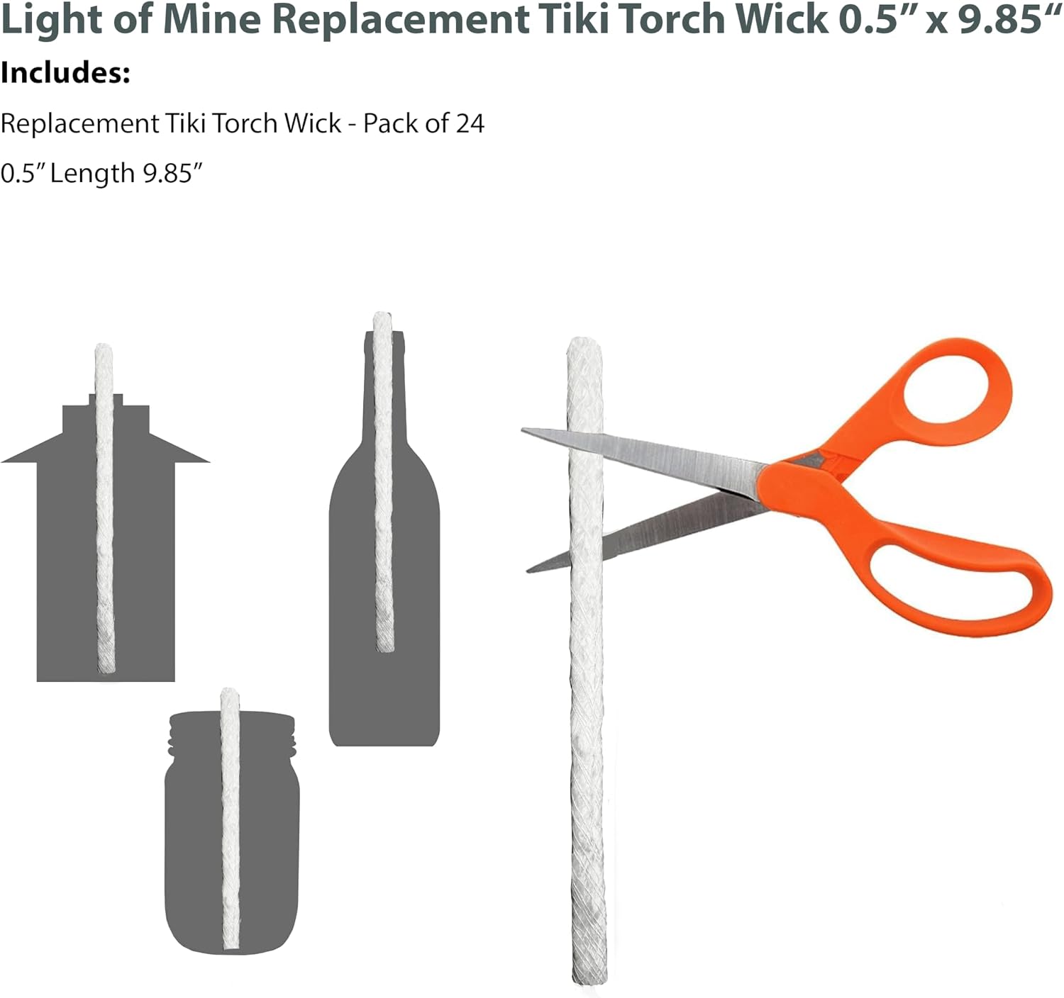 Light of Mine - 24 Pack Tiki Torch Fiberglass Replacement Wick, 0.5" Wide x 9.85" Tall (24pk, Tiki Wick)