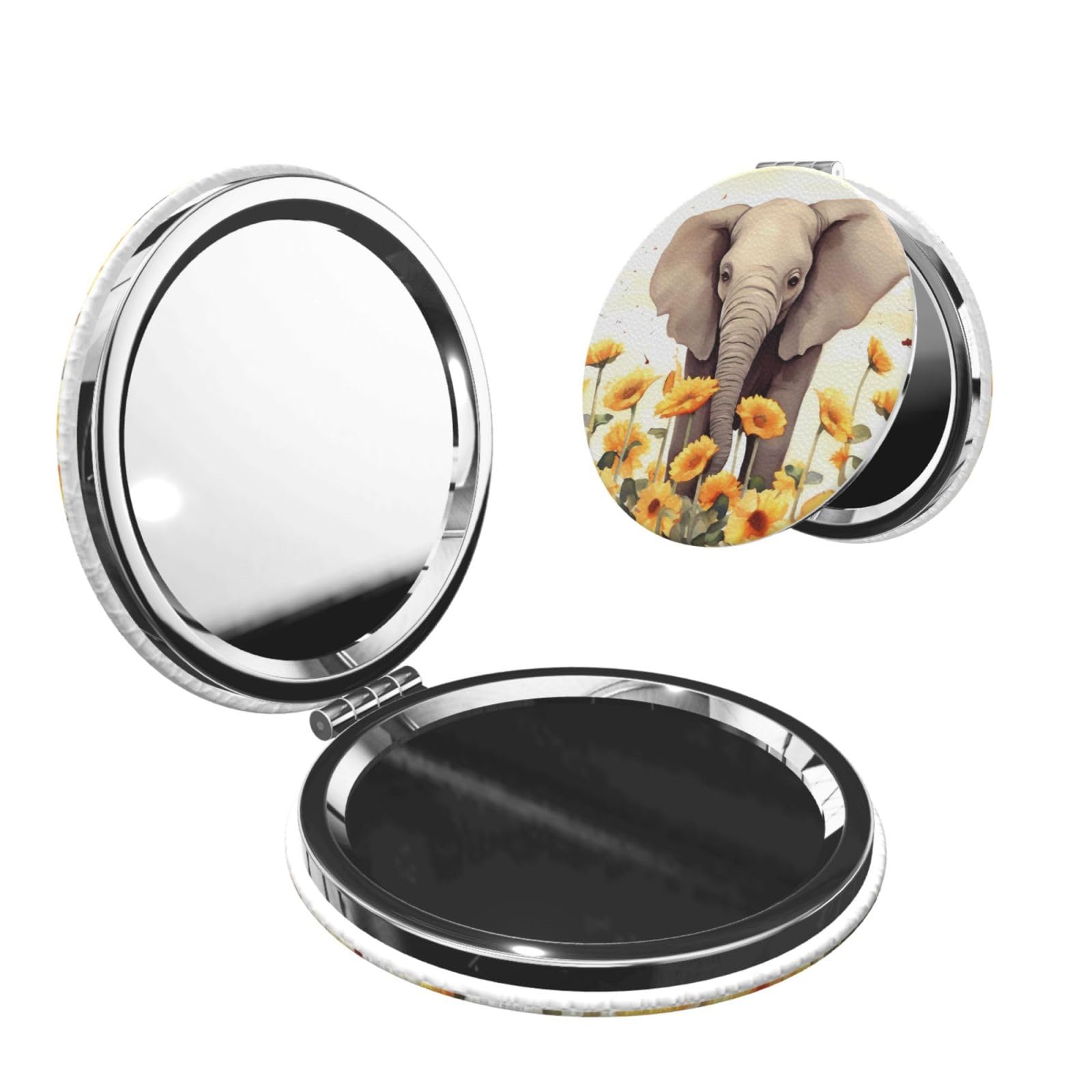 DWVTSLH Elephant and Sunflower Compact Mirror for Purse, Double-Sided 2X/1X Magnifying Mirror for Women Men, Travel Makeup Mirror for Handbag, Handheld Vanity Mirror for Gift