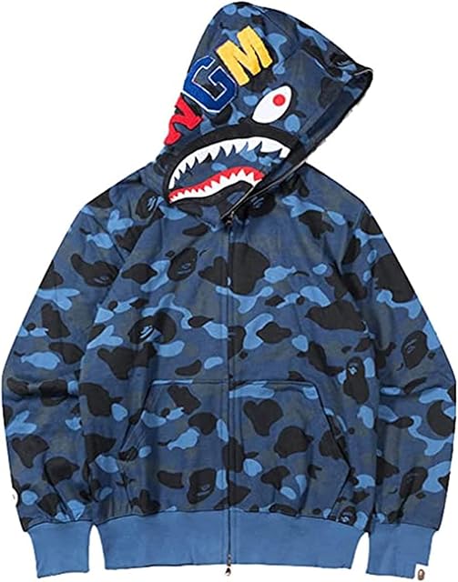 Bape Shark Męska bluza z kapturem, motyw rekina, wzór w stylu kamuflaż, głowa rekina na kapturze, bluza z zamkiem błyskawicznym, odzież sportowa