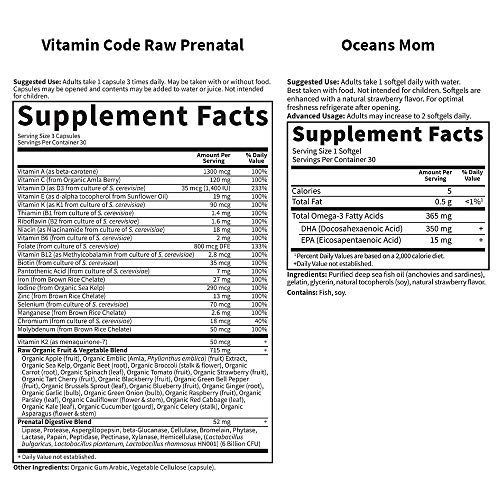 Image of Garden of Life Prenatal Multi + DHA Bundle: Vitamin Code Raw Prenatal Multivitamin with Folate, 90 Vegetarian Capsules Plus Oceans Mom DHA Once Daily, 350mg DHA Fish Oil, 30 Strawberry Softgels