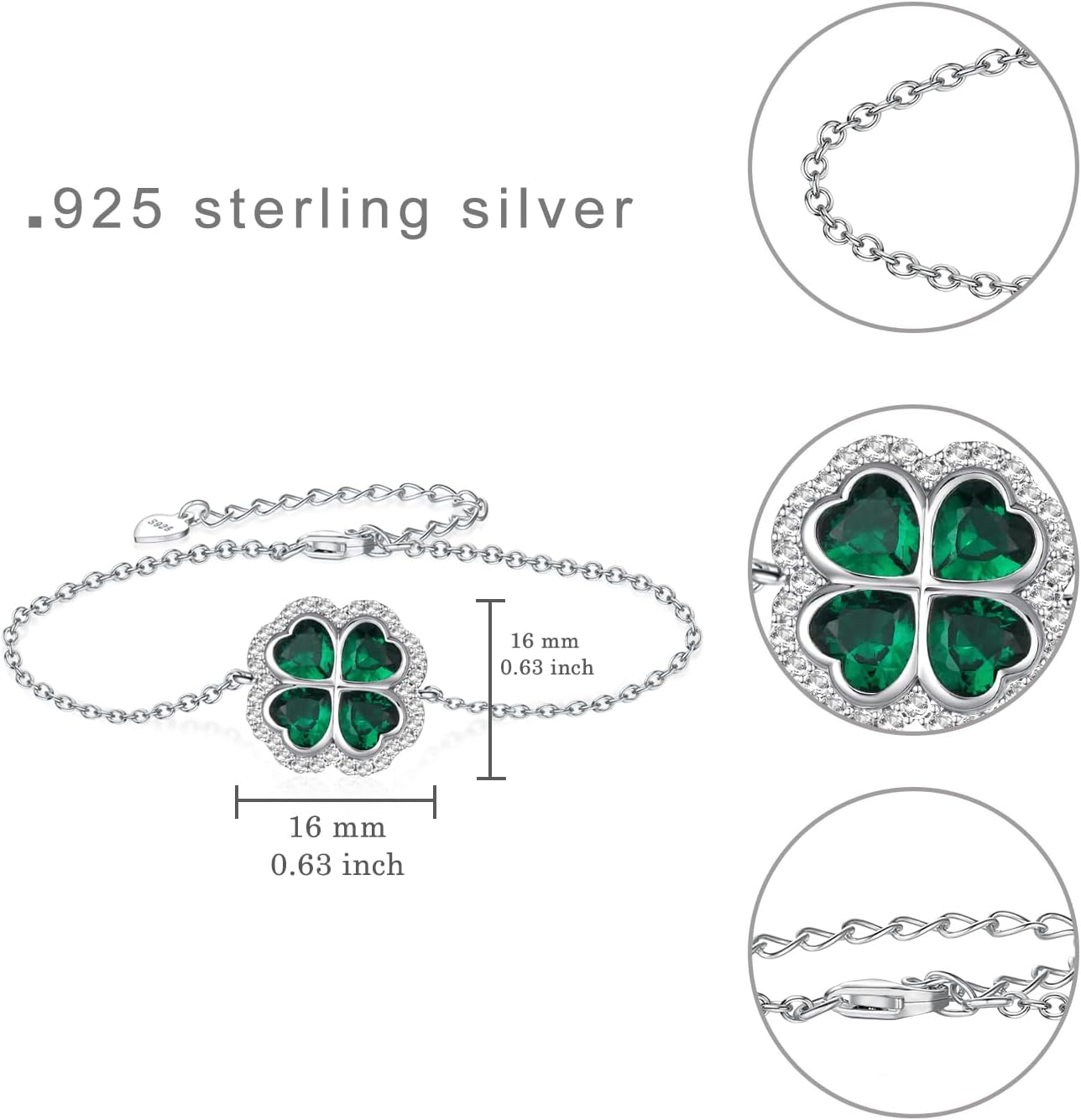 Four Leaf Clover Bracelet 925 Sterling Silver Good Luck Four Leaf Clover Bracelet for Women St Patricks Day Jewelry Gifts for Women