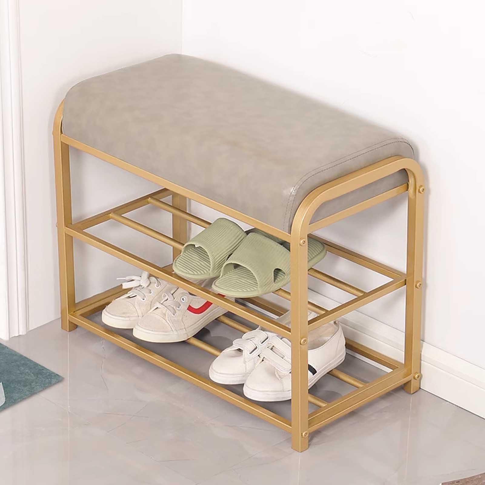 Banc à chaussures couloir avec meuble de rangement 2 étagères doré