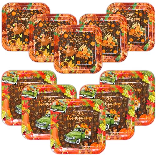 BFUN Thanksgiving Plates Party Set, 100pcs Fall Party 9” dinner plates and 7” dessert Plates Harvest truck Dinner Plates, and Turkey Dessert Plates for Thanksgiving party favors and Harvest party