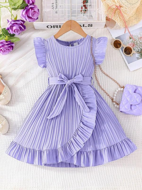 Image of Niren Enterprise Girls' Frill Pleated Design, Ruffle Sleeves, Bow Waist, Elegant Summer & Birthday Party Dress