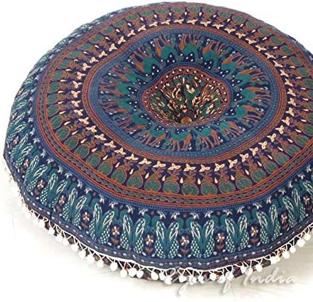 Eyes of India - 32" Blue Bohemian Accent Indian Floor Pillow Cover Boho Chic Dog Bed Round Colorful Decorative Mandala Hippie Meditation Cushion Seating Sofa Throw Handmade Cover ONLY
