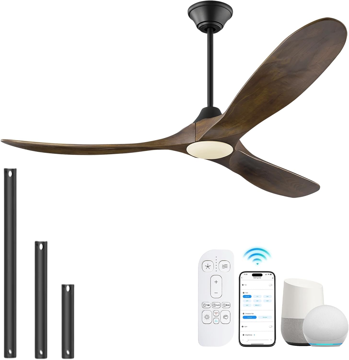 XCWIIE 52 Inch Walnut Wood Smart Ceiling Fan