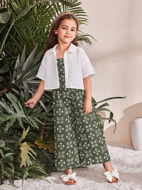 PABROS Girls Summer Two-Piece Set, Olive Green Floral Print Jumpsuit with White Cropped Shirt, Cotton Blend Resort Wear (3-4 Years) 2