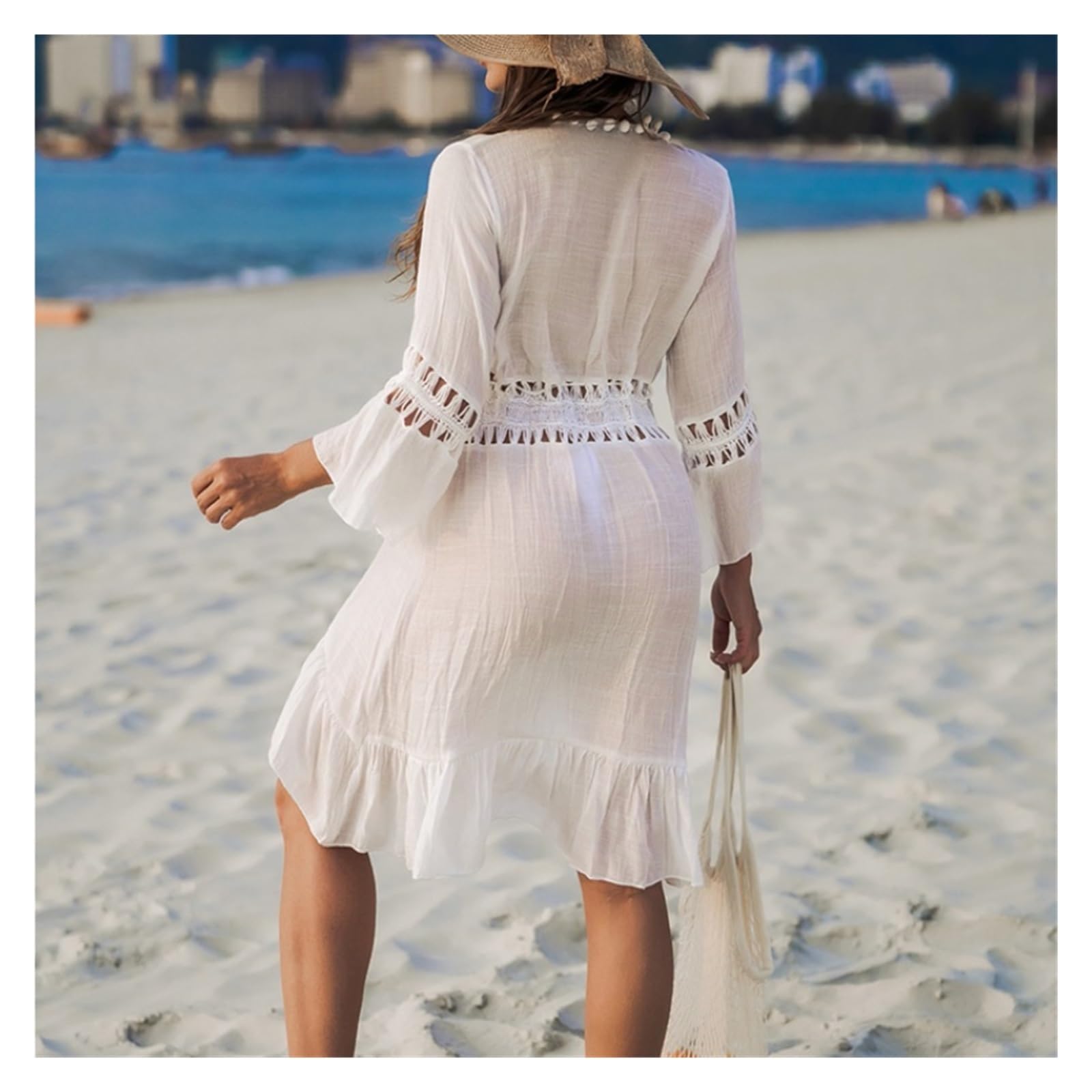 Copri Costume Mare Donna Copricostume bikini con lacci, lungo, con palla di pelo, traforato e aperto sul davanti