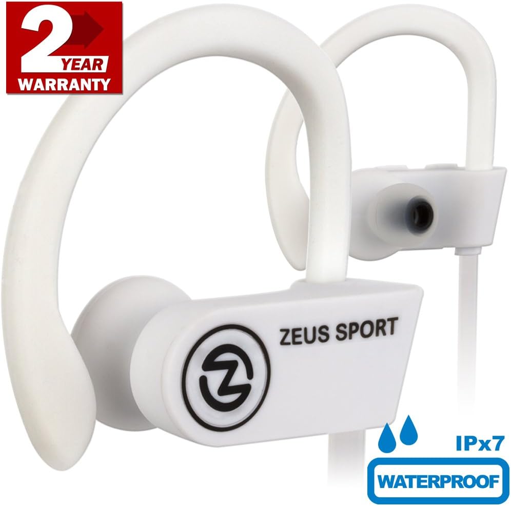 Wireless Headphones ZEUS OUTDOOR - Noise Isolating Wireless Earbuds - HD Stereo Waterproof headphones IPX 7 Sweatproof Headphones with Mic - Running Headphones - Sport Headphones - Workout (Whiite)