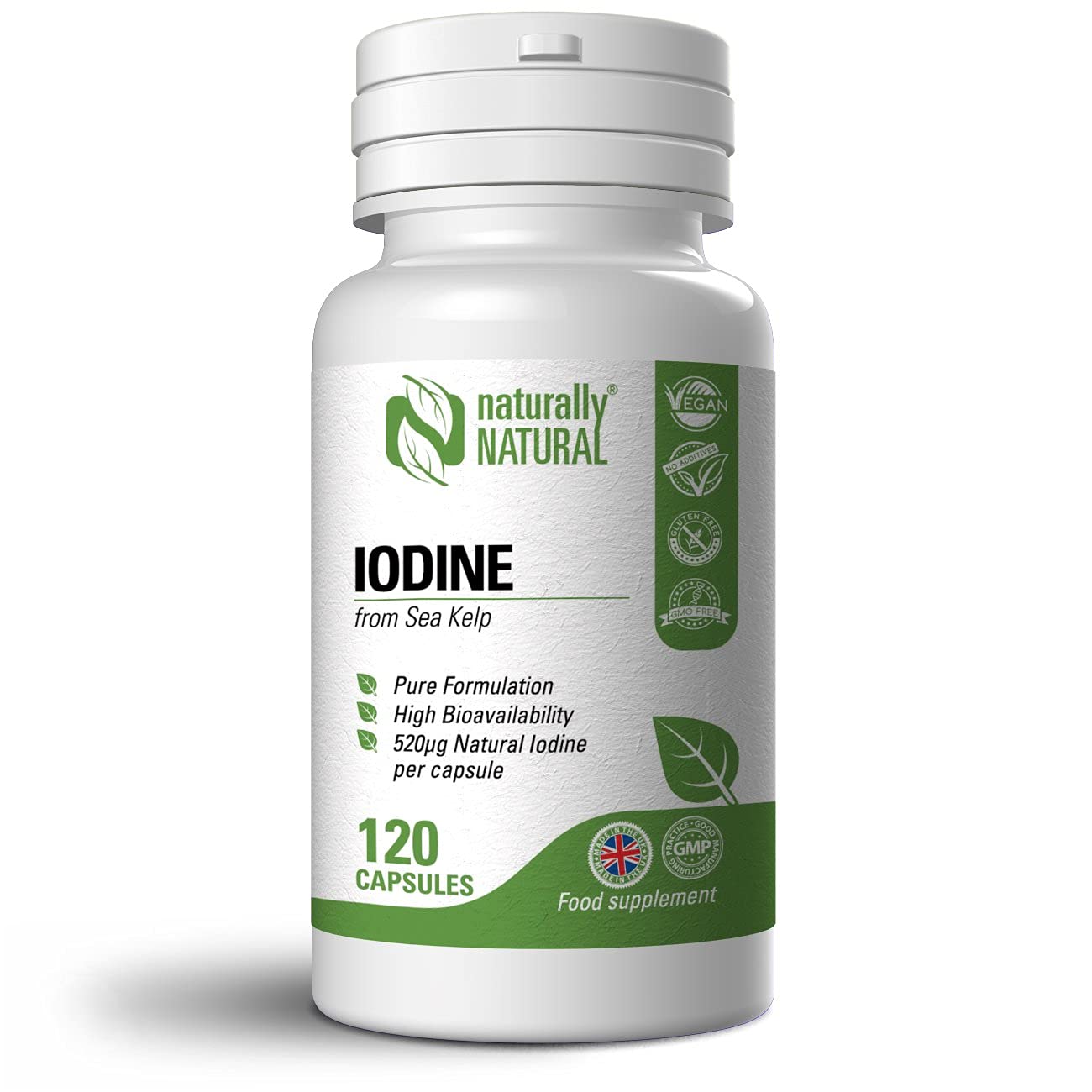 Sea Kelp Iodine 120 Vegan Capsules High Dose 520mcg Iodine per Capsule Pure Formulation 4 Months Supply