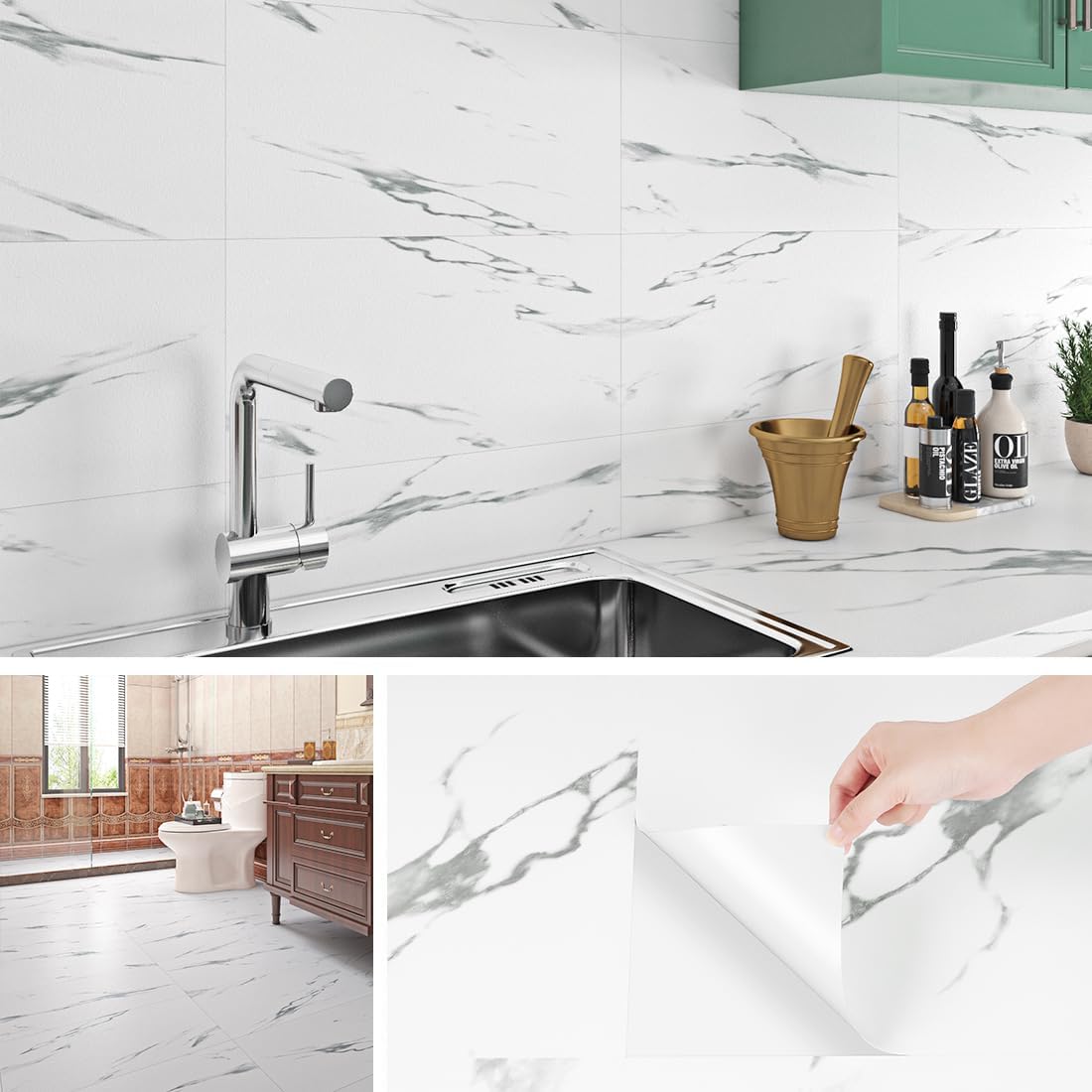 Livelynine Tile Stickers for Kitchen Marble Grey Stick on Tiles for Bathroom White 60x30CM Waterproof Self Adhesive Wall Tiles Kitchen Splashback Peel and Stick Floor Tiles Marble Grey White, 4 Tiles