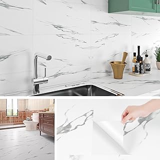 Livelynine Tile Stickers for Kitchen Marble Grey Stick on Tiles for Bathroom White 60x30CM Waterproof Self Adhesive Wall Tiles Kitchen Splashback Peel and Stick Floor Tiles Marble Grey White, 4 Tiles