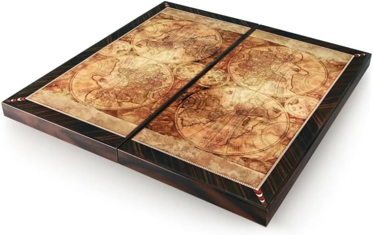Unique Design Backgammon Set, World Map Themed Wood Backgammon Game Set, 19 Inches, Dark Brown, Made in Turkey